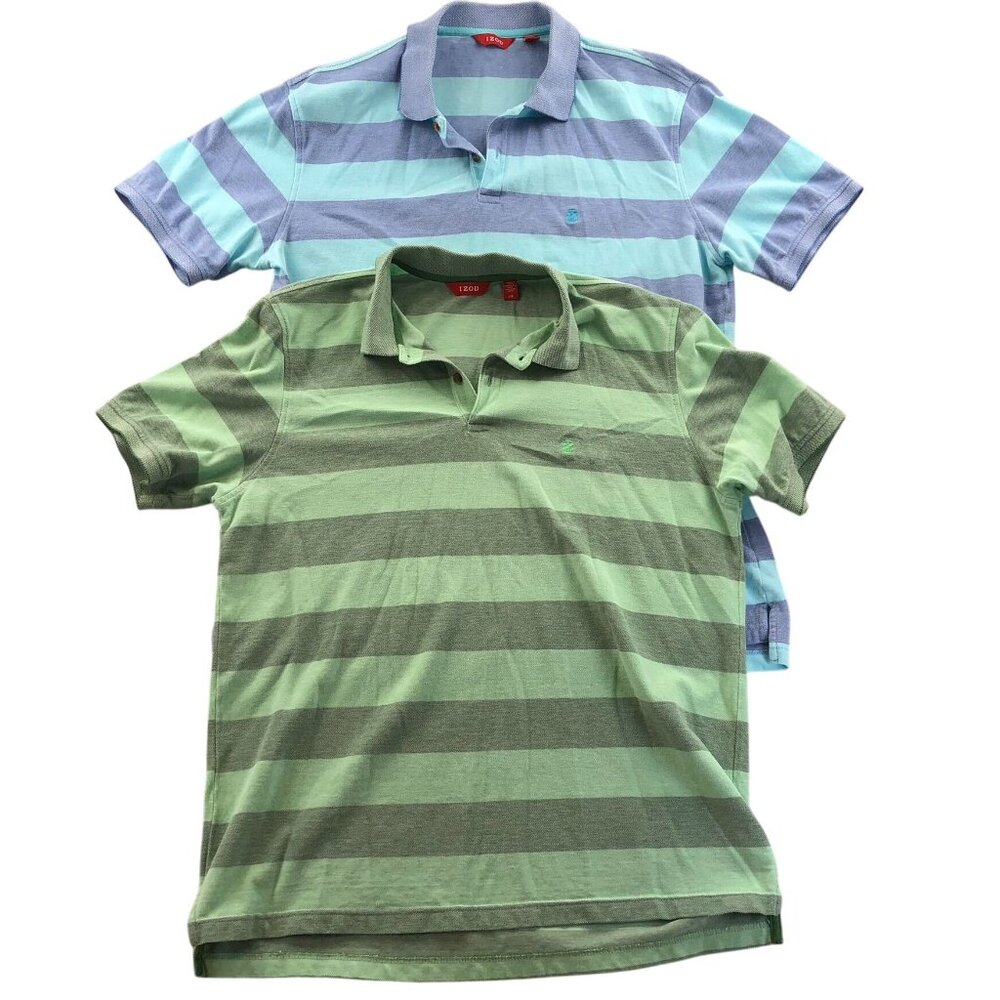 2 Izod Mens Polo Shirt Large Lot Of Two Short Sleeve Striped Casual Classic